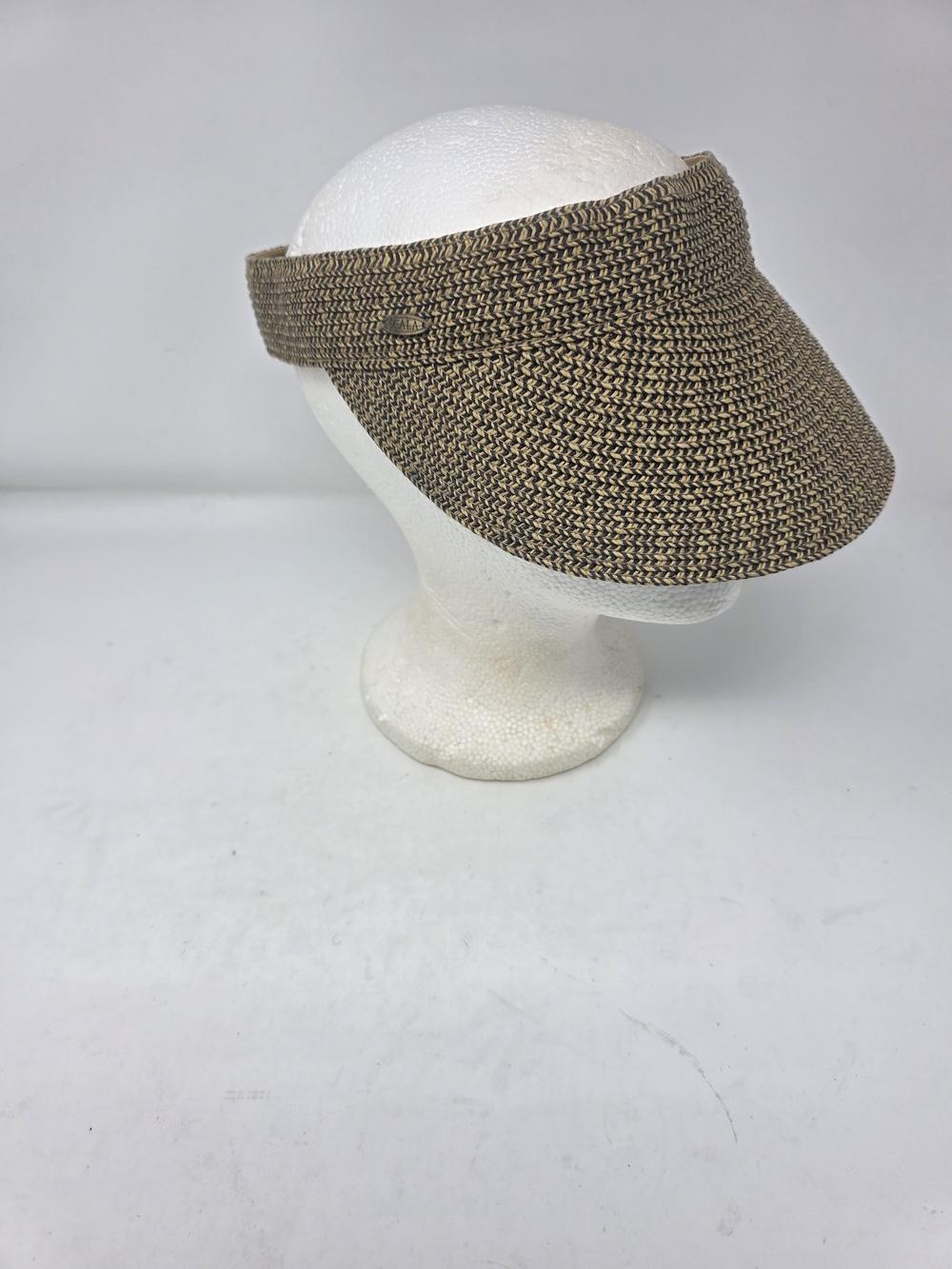 SCALA Woven Straw Sun Visor Hat Wide Brim Packable Adjustable Beige Black OSFM
